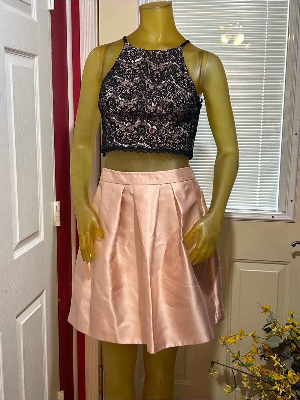 EUC Francesca's Collections Pink Satin Circle Skirt with black lace top